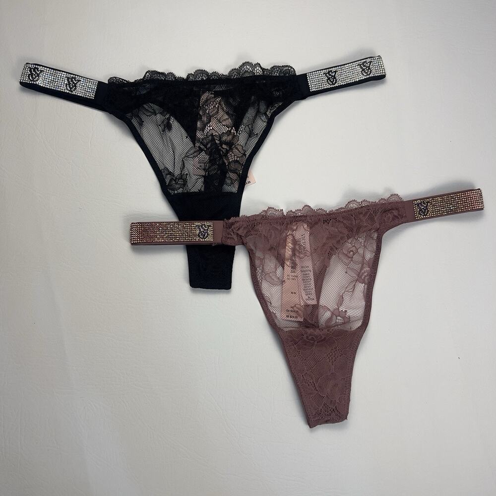2 Victoria's Secret Very Sexy Rhinestone Shine‎ Logo Thong String Panties S.M